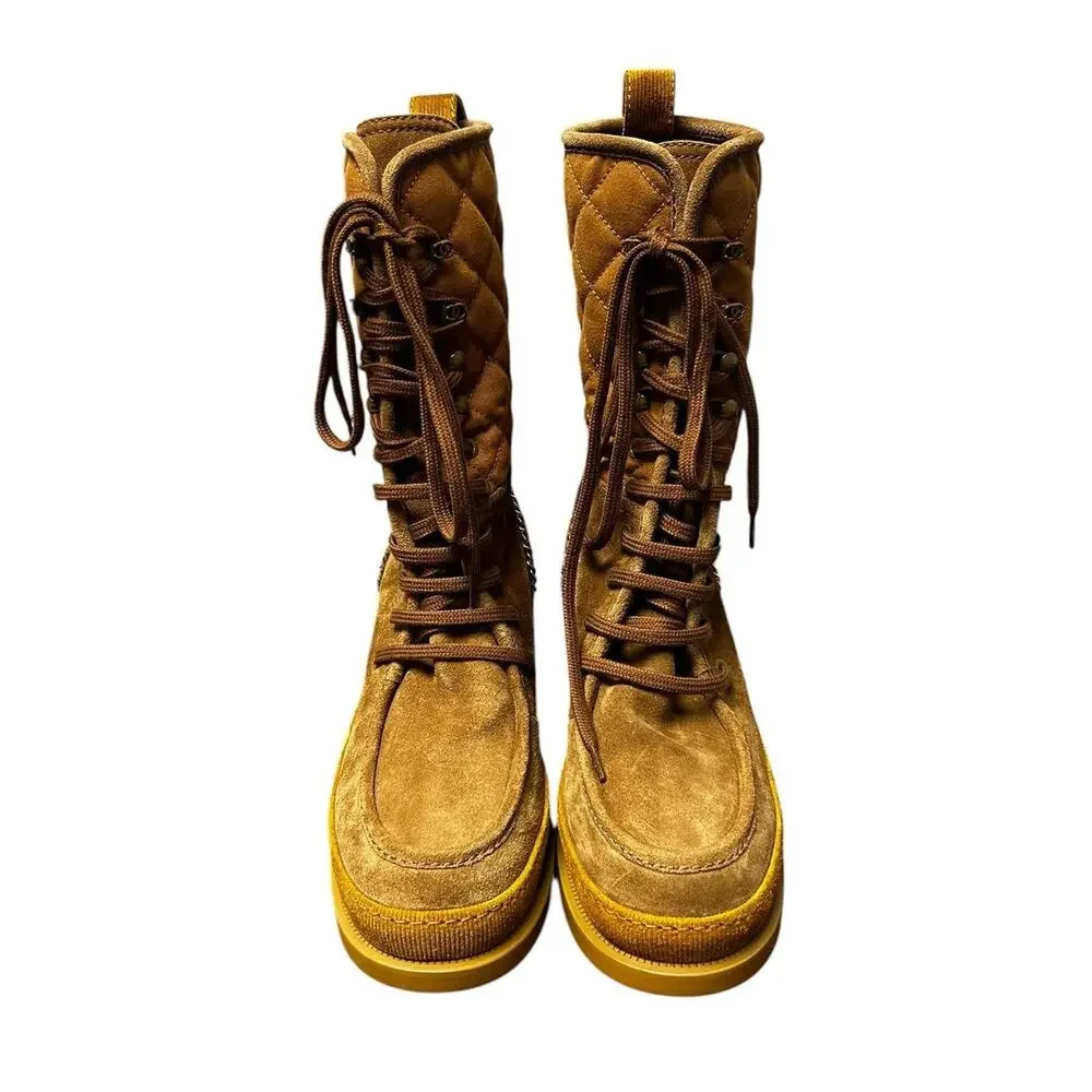 Chanel Quilted Suede Calfskin Chunky Heel Lace Up Combat Boots Womens 39 / US 9